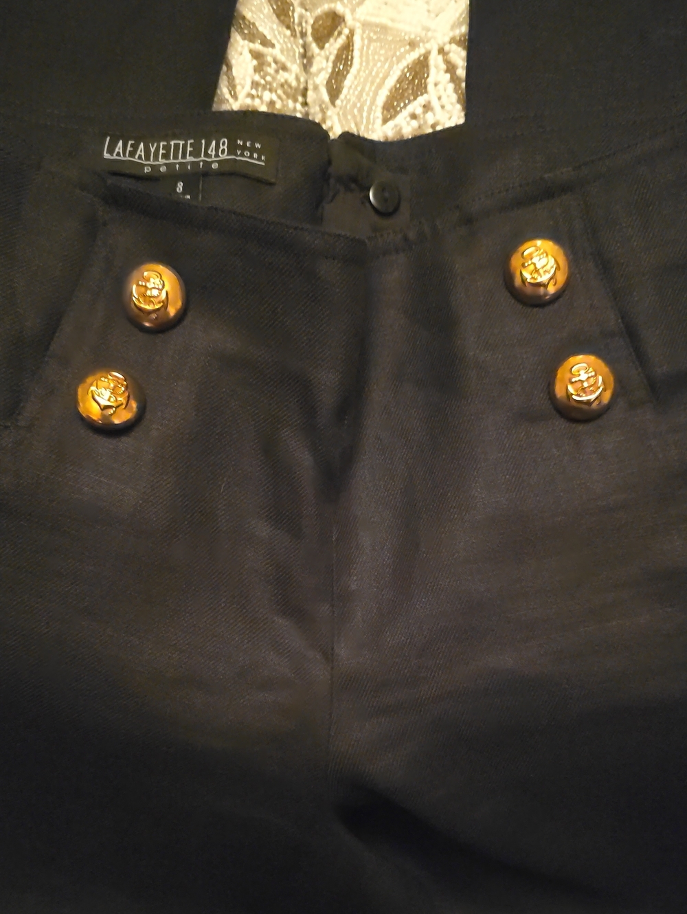 Lafayette 148 New York LINEN Black PALAZZO. HOW DO YOU with Gold Anchor Buttons